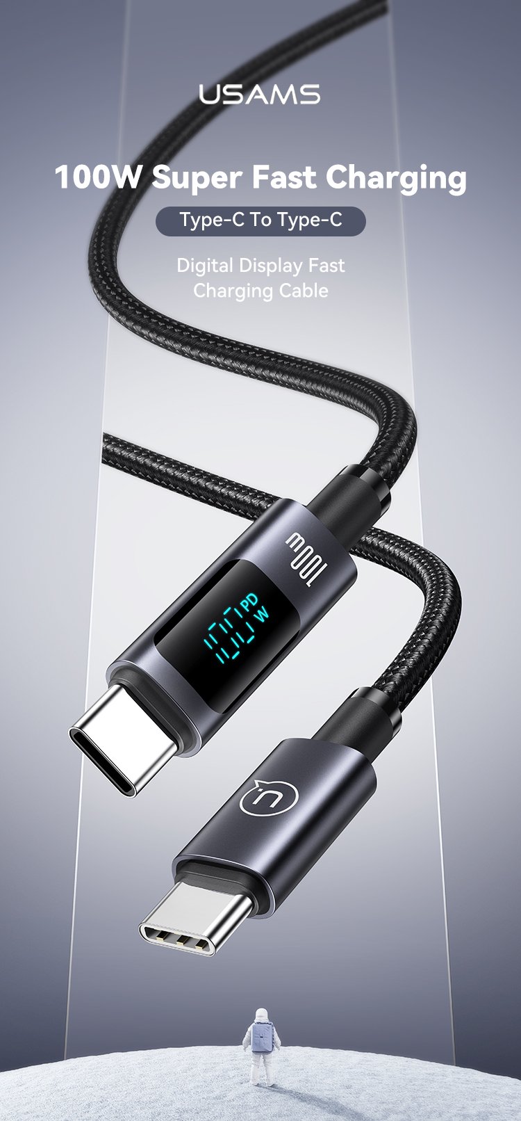 Cáp sạc nhanh USAMS SJ671 100W Type C to Type C hiển thị công suất