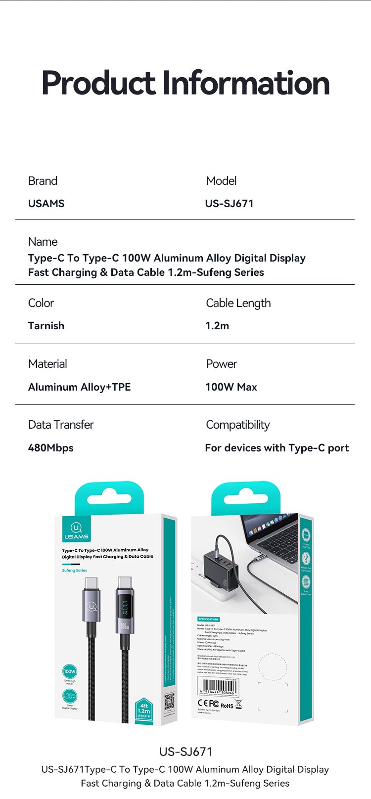 Thông tin chi tiết cáp sạc nhanh USAMS SJ671 100W chính hãng