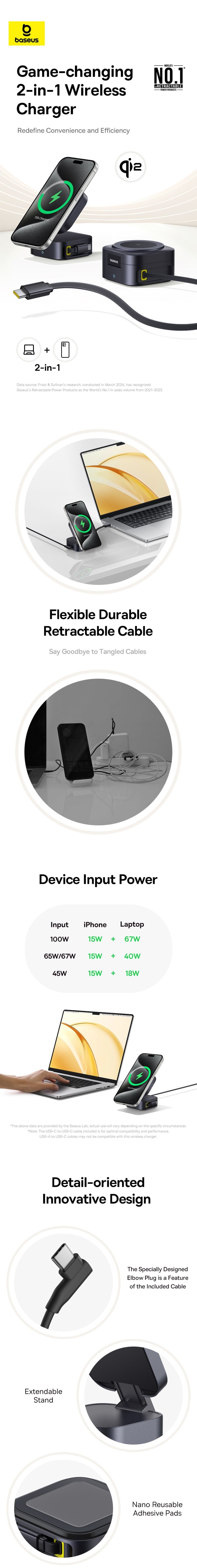 Đế sạc không dây Qi2 Baseus PicoGo Series 2-in-1 67W màu đen