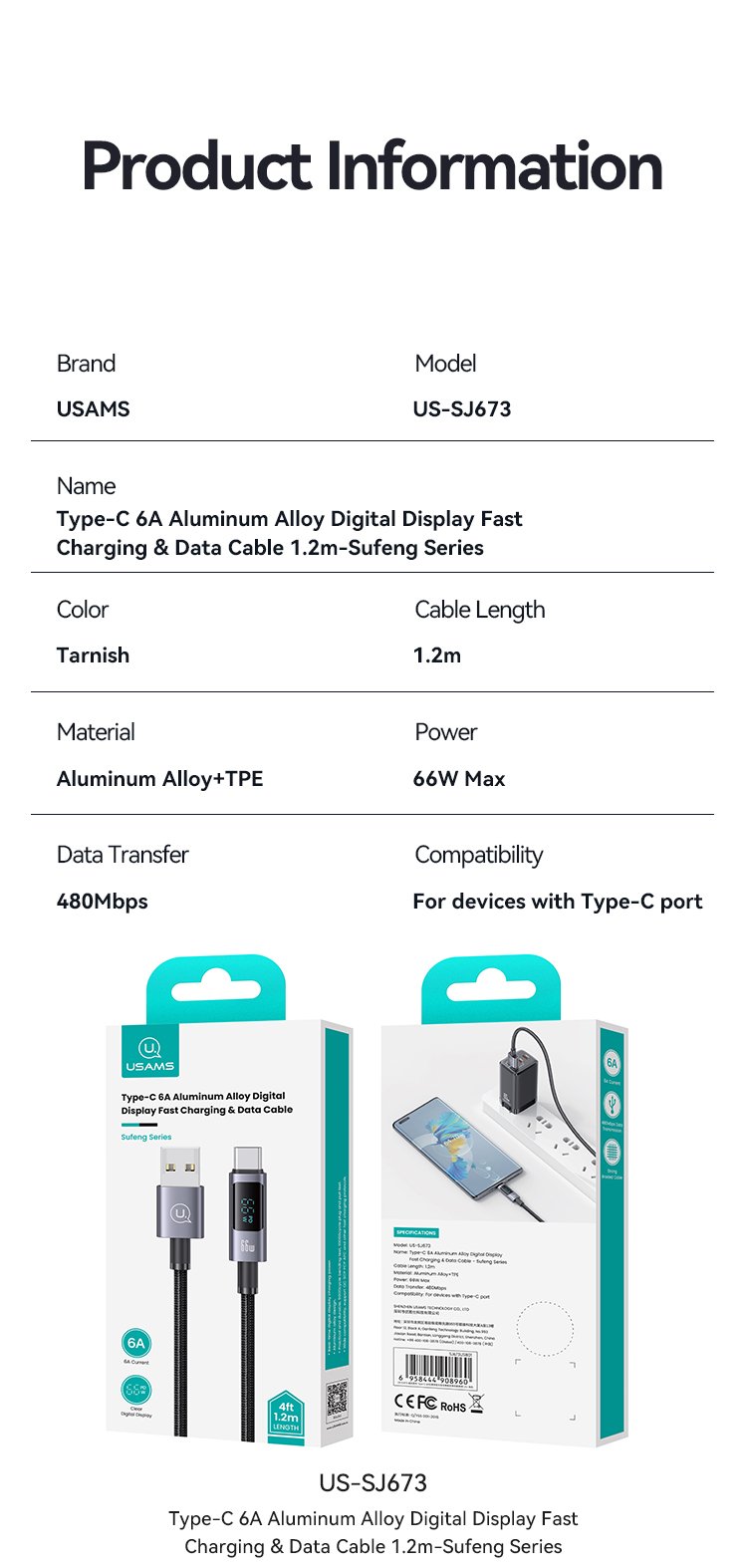 chube Cáp sạc nhanh Usams SJ673 USB-C 6A Sufeng Series