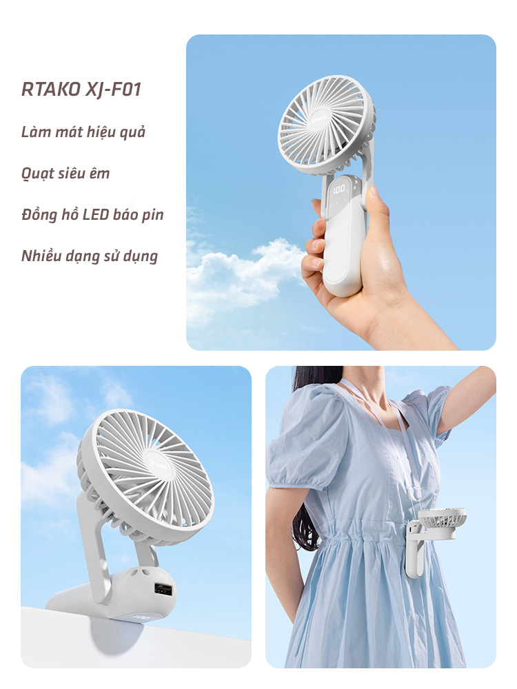 chube Quạt mini Rtako XJ-F01 cầm tay pin 1200mAh