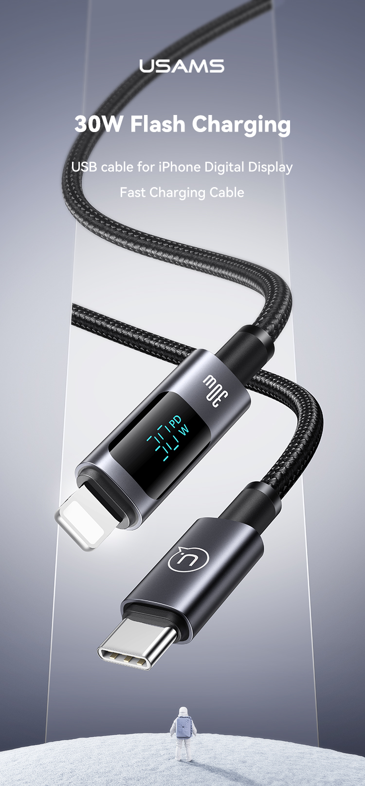 Cáp sạc nhanh USAMS SJ672 Type-C to Lightning 30W hiển thị công suất