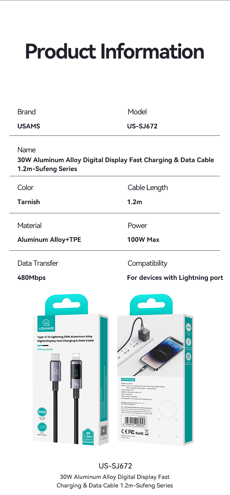 Tổng quan Cáp Sạc Nhanh USAMS SJ672 Type-C To Lightning 30W