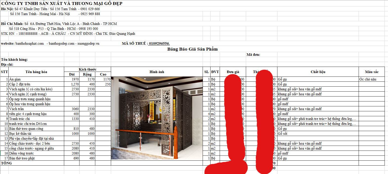 Bảng báo giá sản phẩm tùy theo kích thước