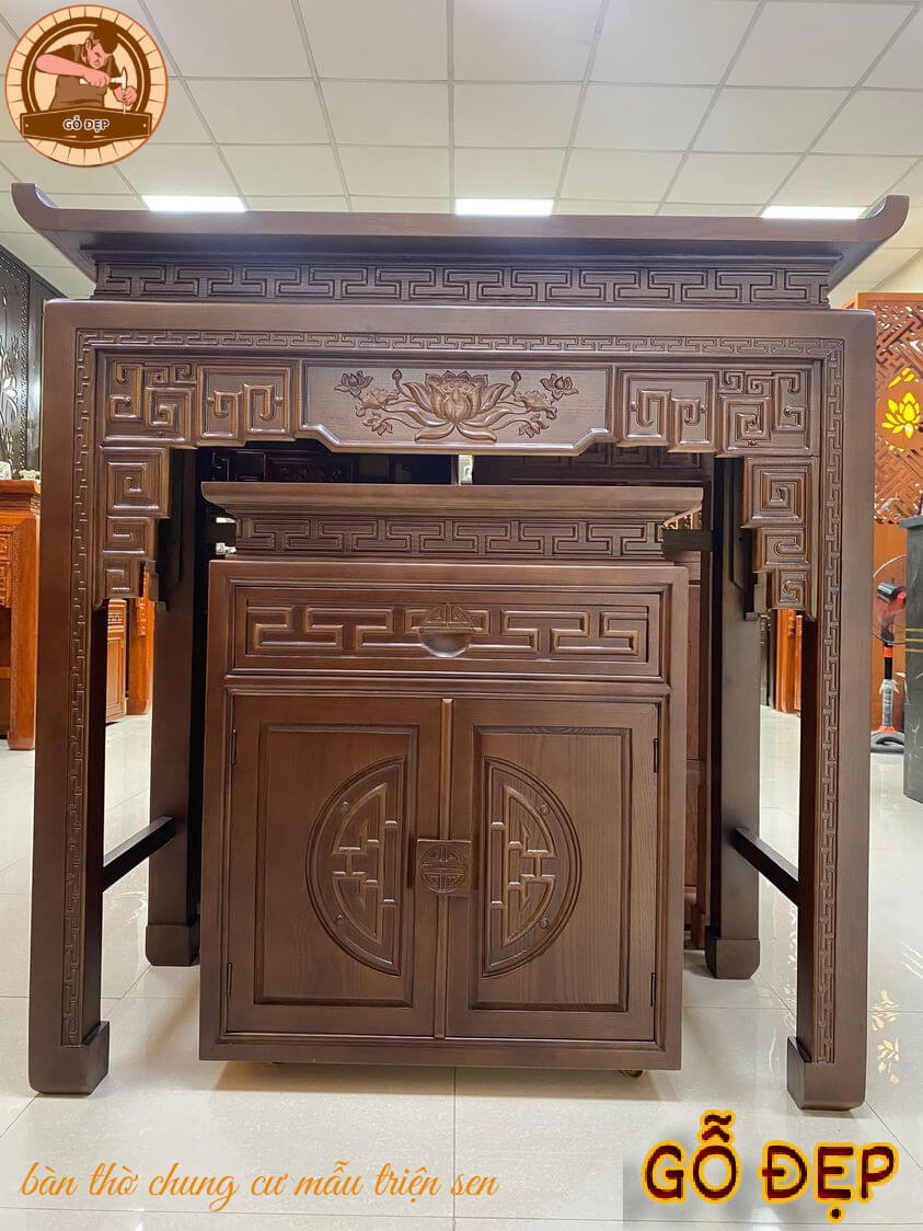 Thiết kế đơn giản nhưng tinh tế, với màu sắc chủ đạo là màu nâu giúp tạo nên một không gian linh thiêng và trang nghiêm.