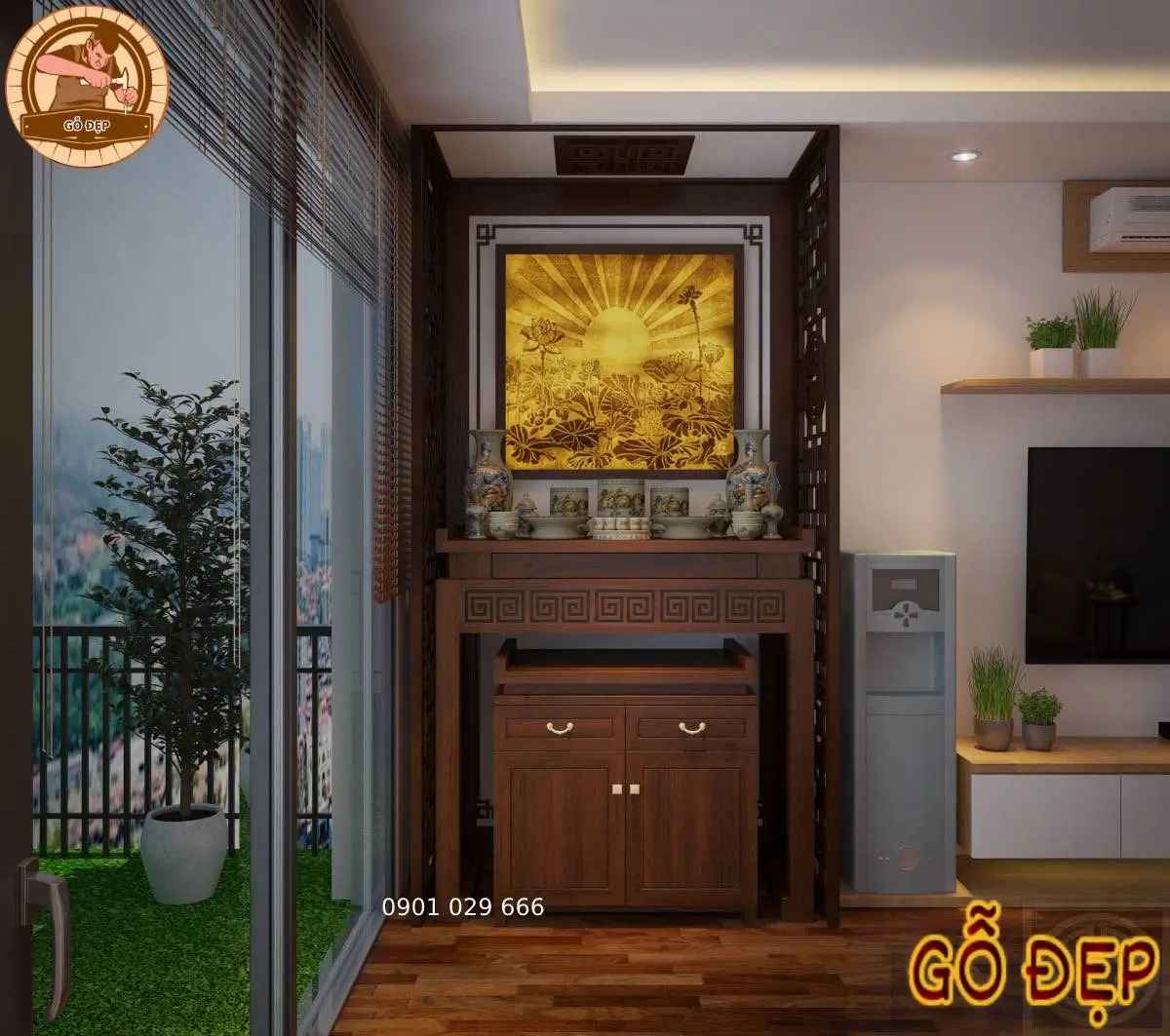 Màu sắc bàn thờ đứng đơn giản phù hợp không gian