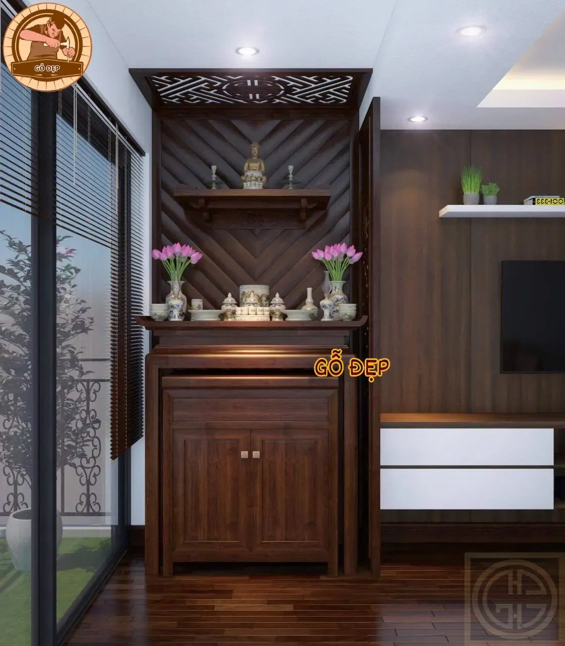 Bàn thờ đứng gỗ sồi thiết kế đơn giản sang trọng