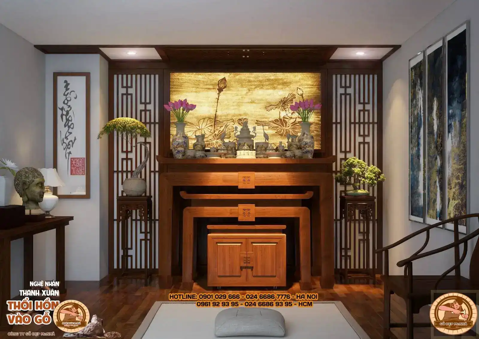 Bàn thờ gỗ Hương có phần chạm trổ biểu tượng chữ Vạn vô cùng khéo léo và tinh tế