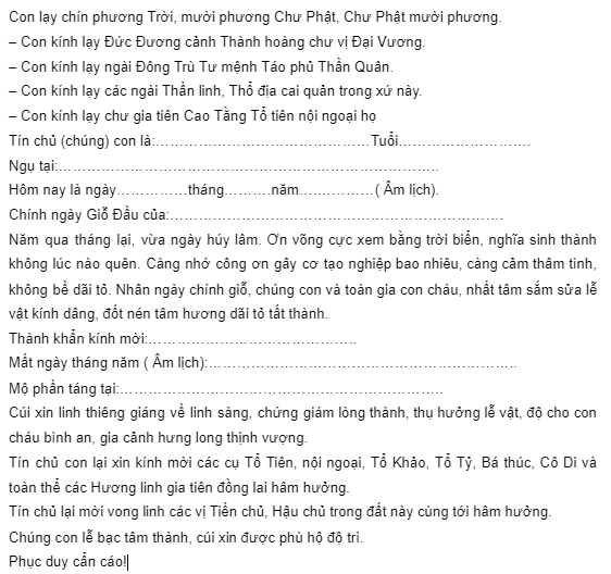 Văn khấn ngày giỗ thường (Lễ Cát Kỵ)