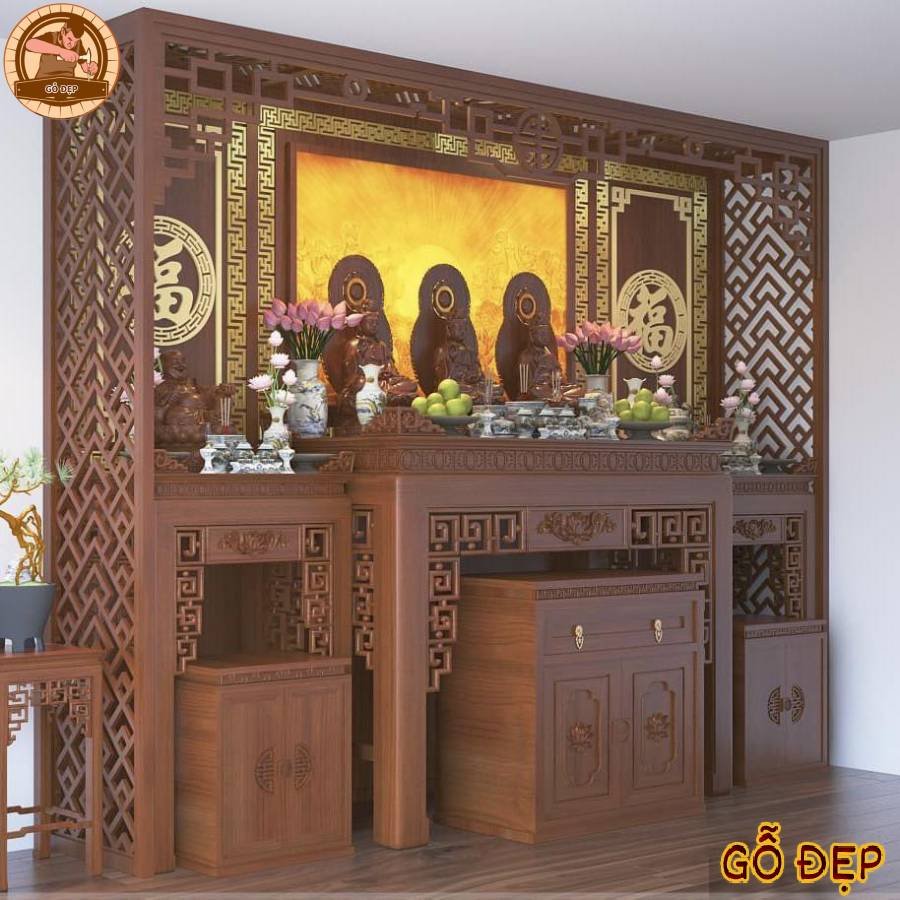 Mẫu phòng thờ 3 ban thờ được lắp đặt hoàn chỉnh tại nhà khách hàng