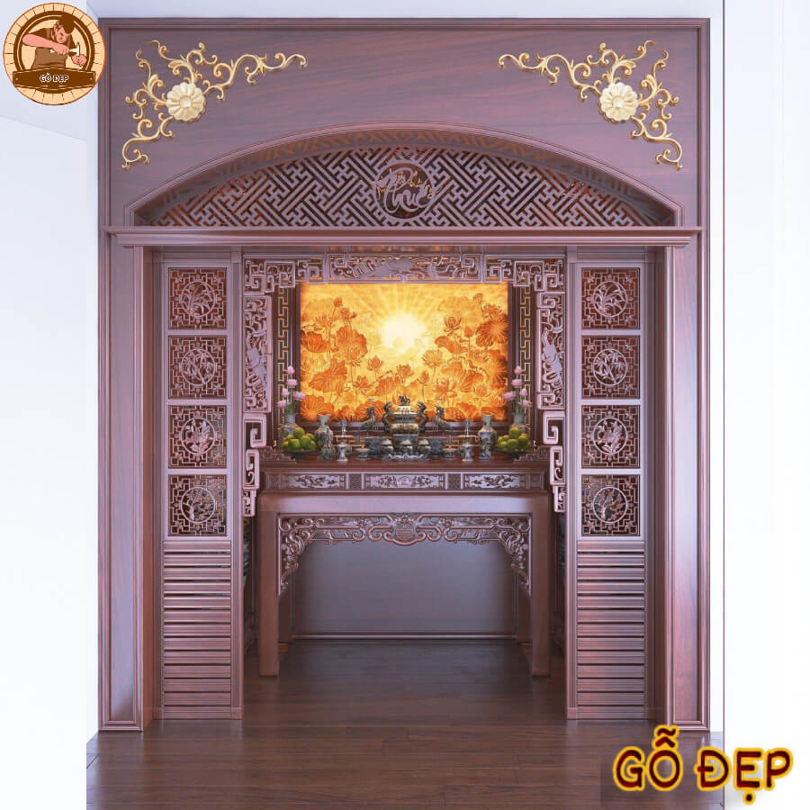 Mẫu Phòng Thờ Cửa Vòng Vách Ngăn CV01 Với Đường Nét Hoa Văn Vuông Hiện Đại, Tinh Tế