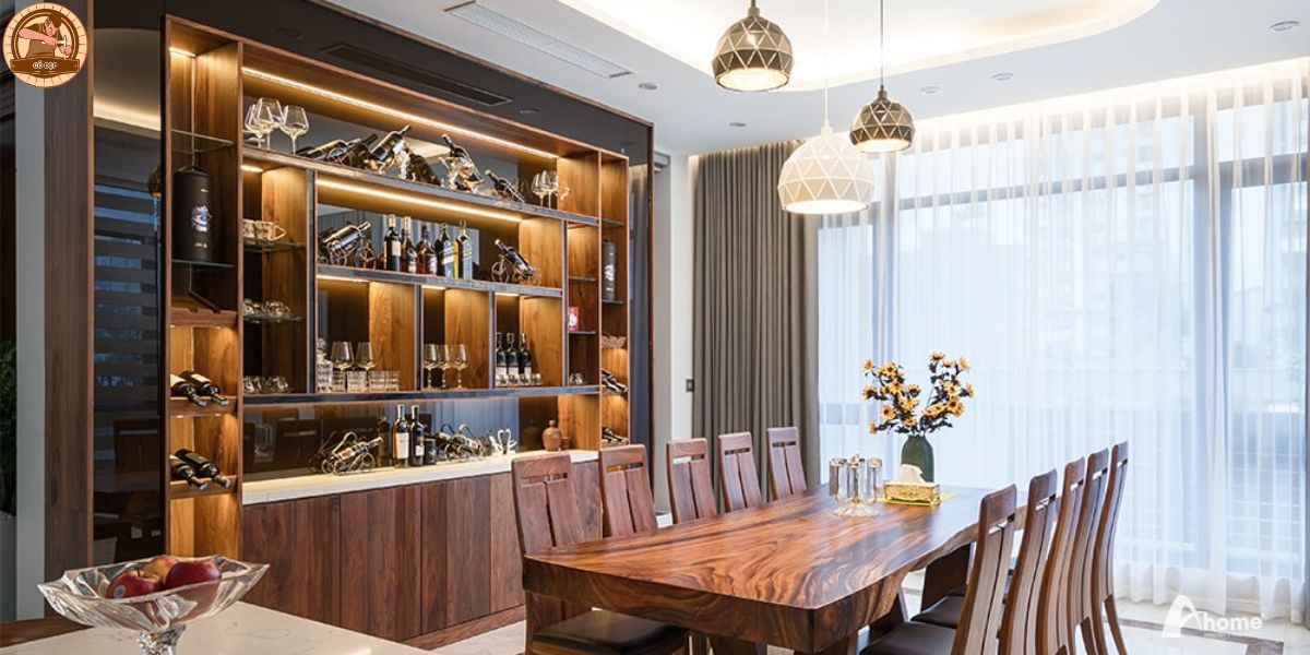 Tủ rượu chất liệu gỗ óc chó cho chung cư đẹp, hiện đại