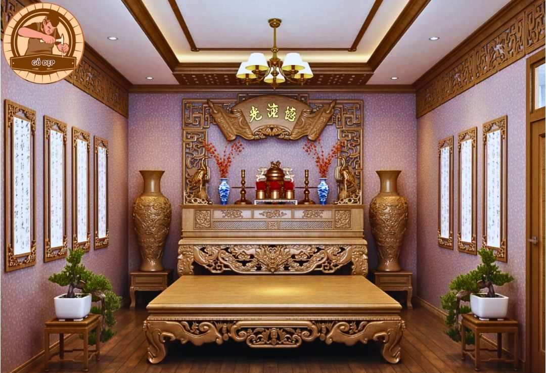 Phòng thờ có trần thạch cao phẳng gam màu trung tính