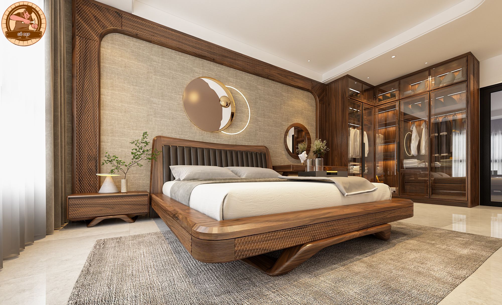 Giường ngủ gỗ óc chó được thiết kế theo phong cách hiện đại