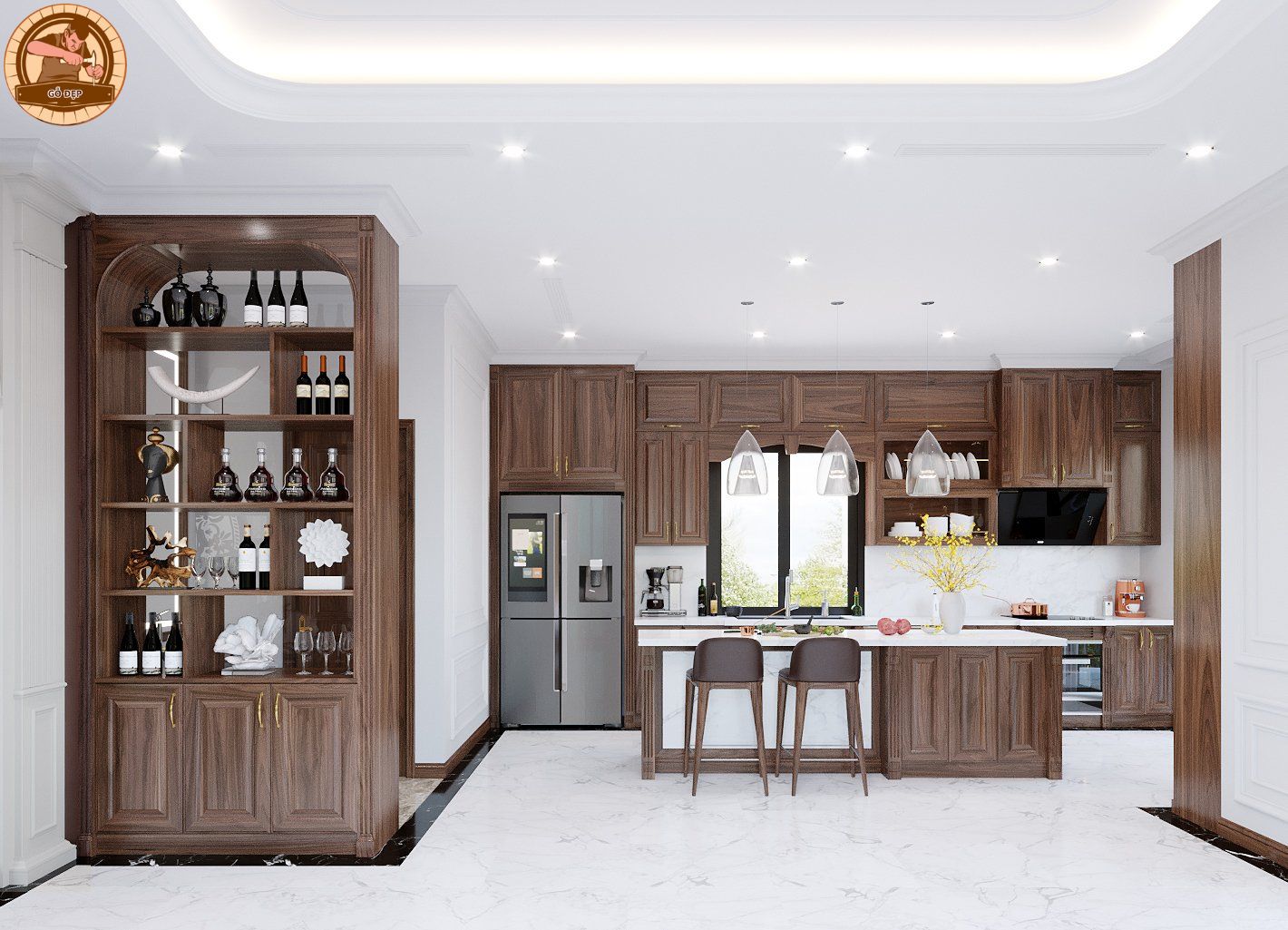 Tủ rượu chất liệu gỗ óc chó siêu đẹp, độc đáo kết hợp tủ bếp