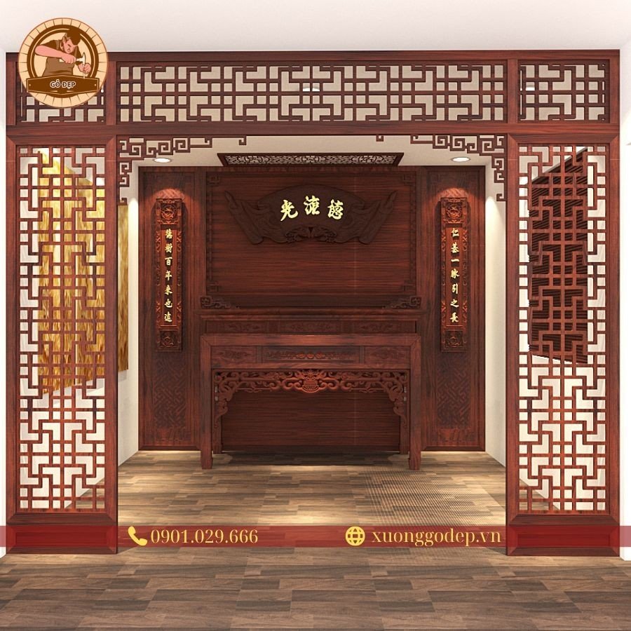 Vách ngăn phòng thờ gỗ hương đá cao cấp