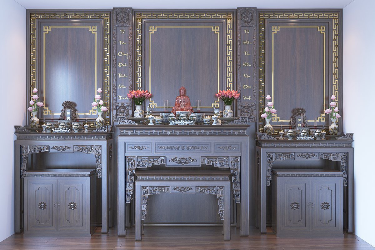 Bàn thờ phật và gia tiên gỗ óc chó đẹp