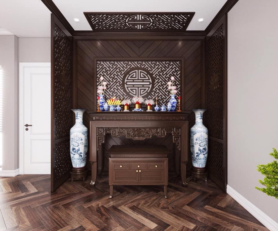 Phòng thờ gia tiên gỗ óc chó thiết kế hiện đại