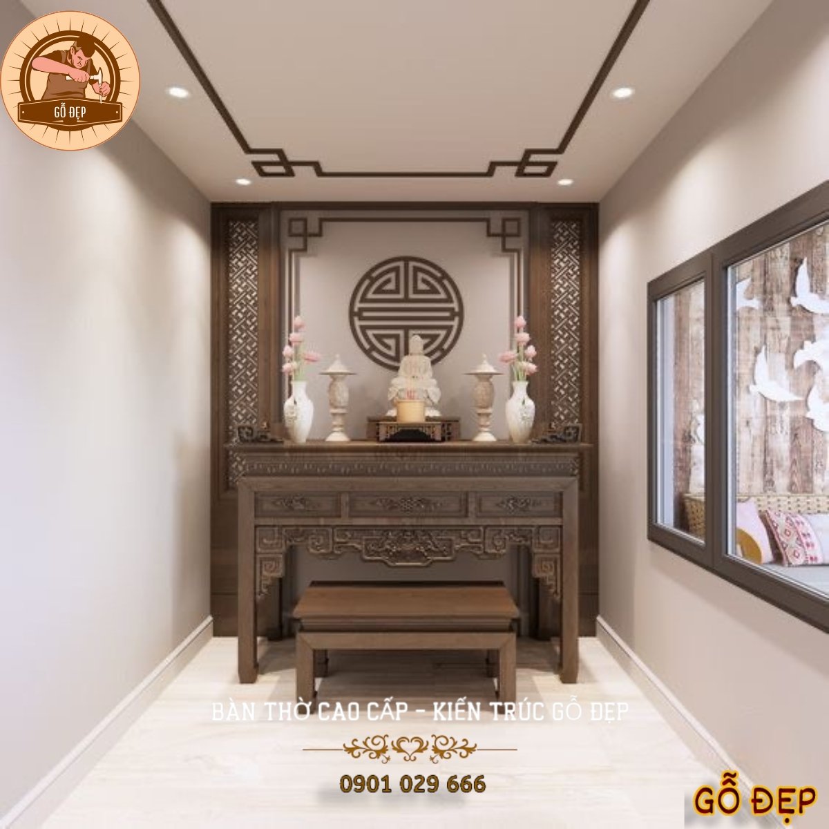 Đặc điểm nổi bật của phòng thờ thiết kế bằng gỗ gõ