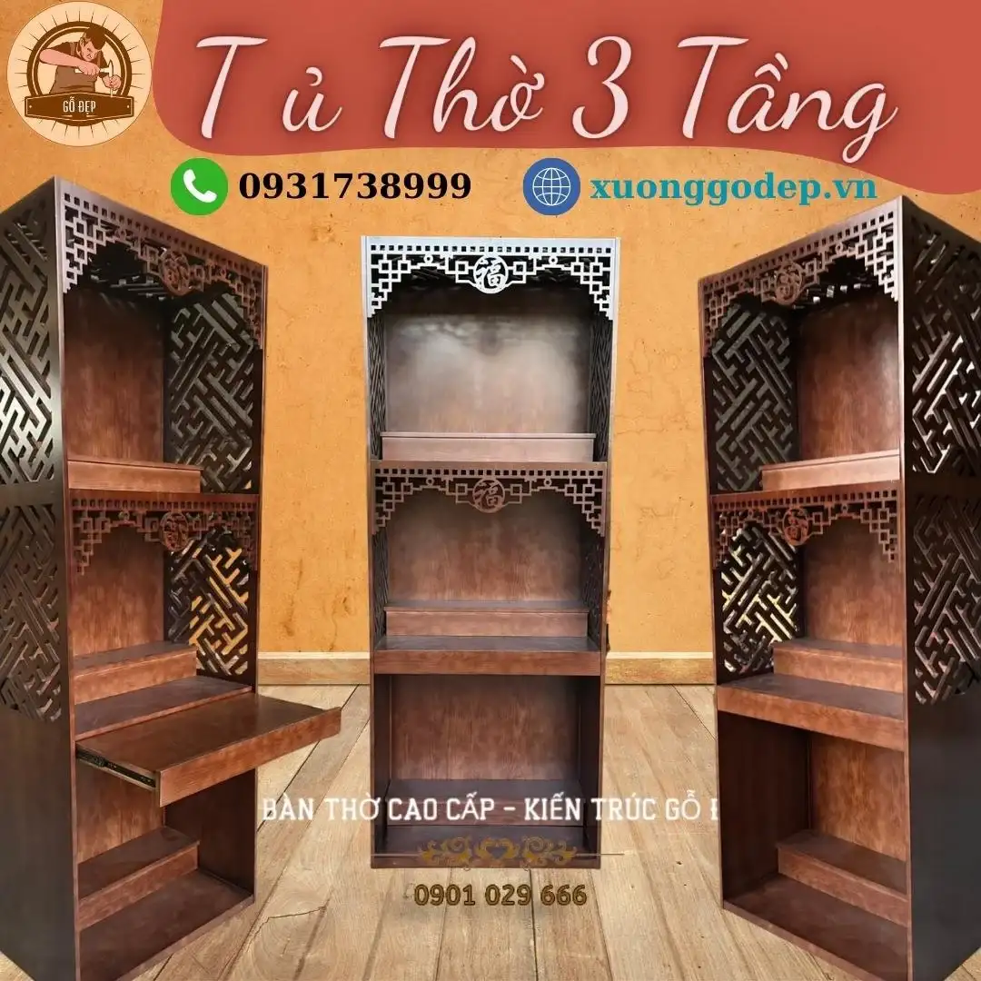 Tủ thờ 3 tầng thiết kế đơn giản chất liệu gỗ mít
