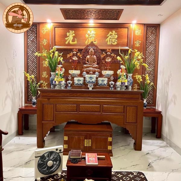 Mẫu phòng thờ phật gỗ óc chó kích thước chuẩn phong thuỷ