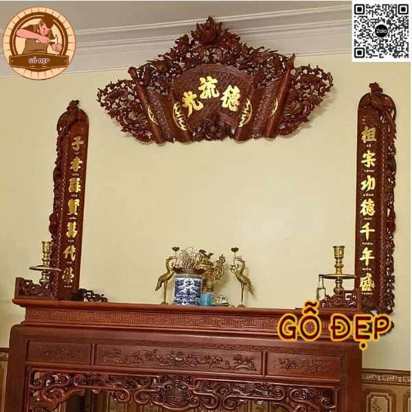 Cuốn thư câu đối gỗ đục phượng mẫu-05 đẹp, chuẩn phong thủy 