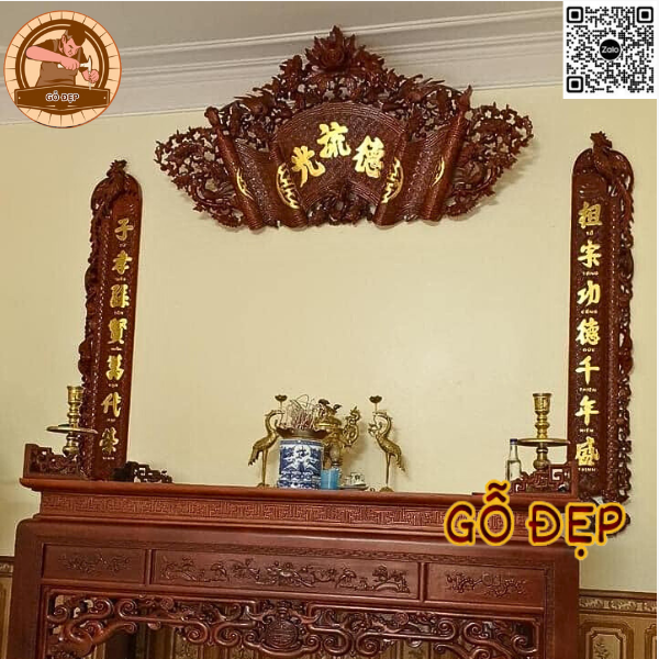 Cuốn thư câu đối gỗ đục phượng mẫu-05 đẹp, chuẩn phong thủy