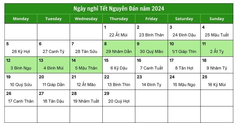 Lịch nghỉ Tết Nguyên Đán 2024