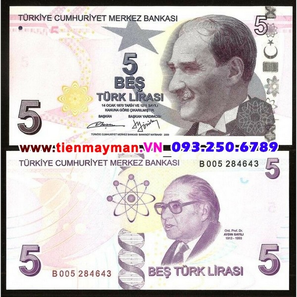 Tiền giấy Thổ Nhĩ Kỳ 5 Lira 2009 UNC