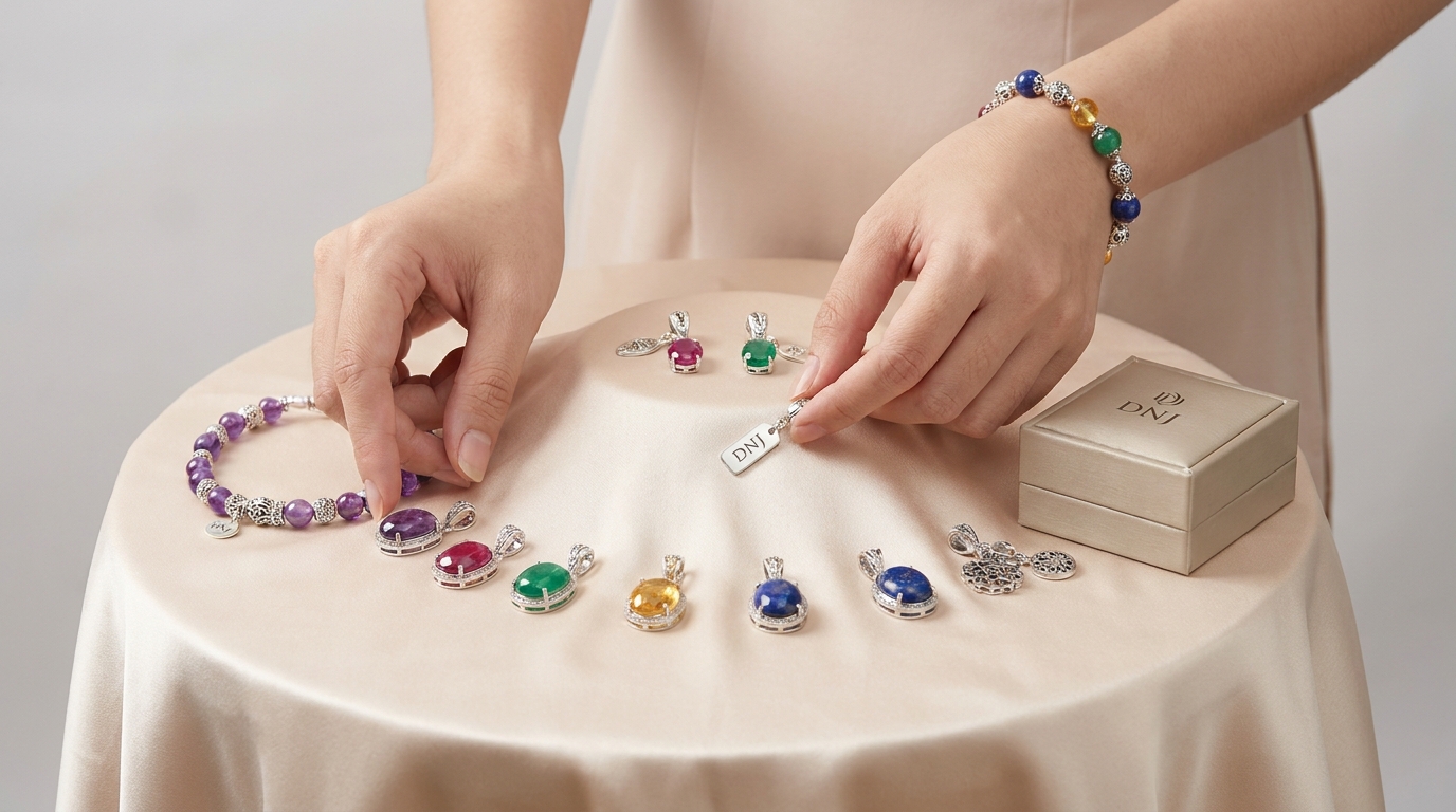 Bảng màu đá quý phong thủy kết hợp cùng charm bạc tại DNJ