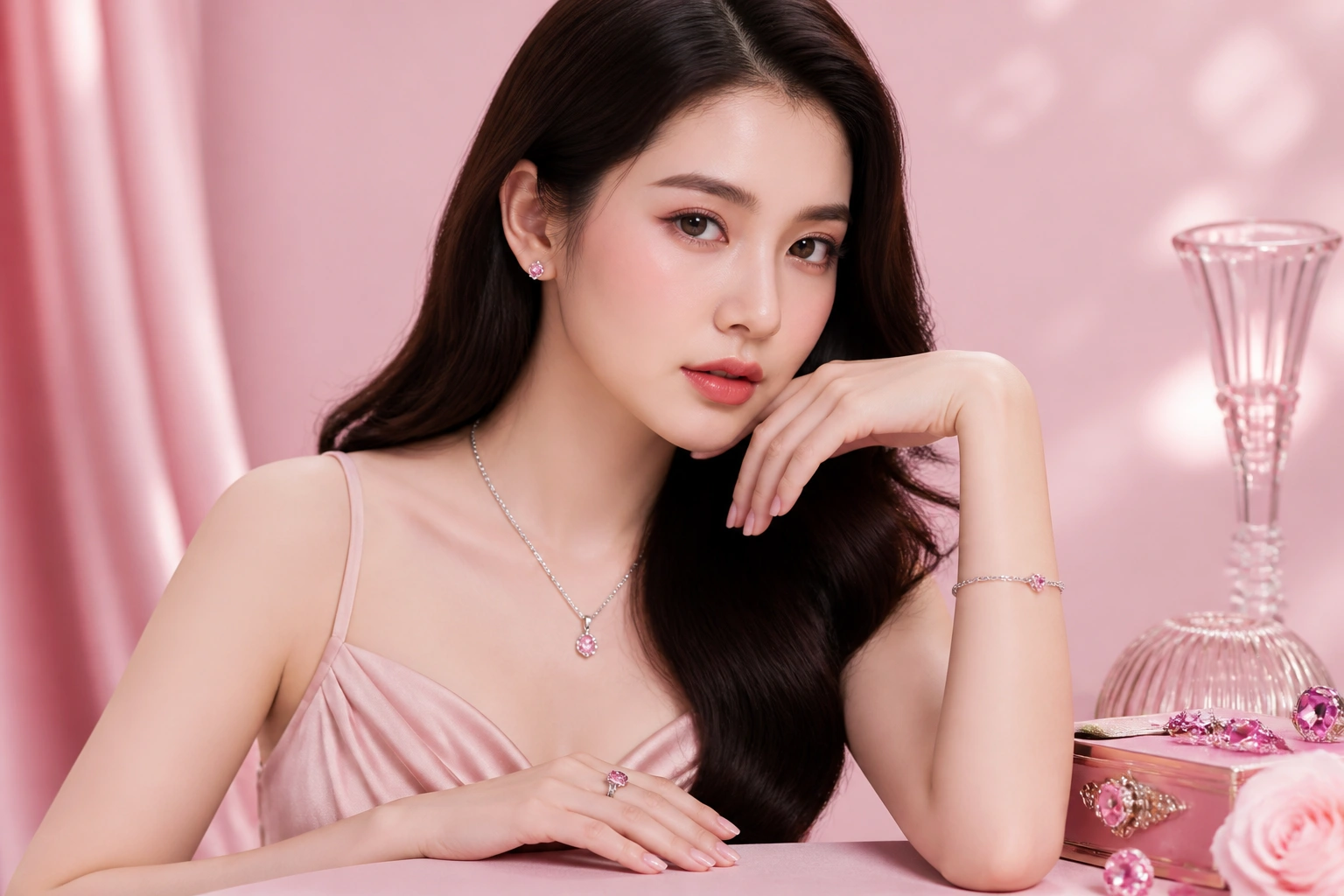 Các mẫu lắc tay và nhẫn bạc ý đính đá hồng cầu duyên tinh xảo
