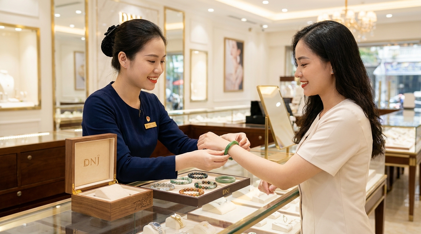 Khách hàng đang được tư vấn chọn vòng tay phong thủy tại cửa hàng Trang sức DNJ