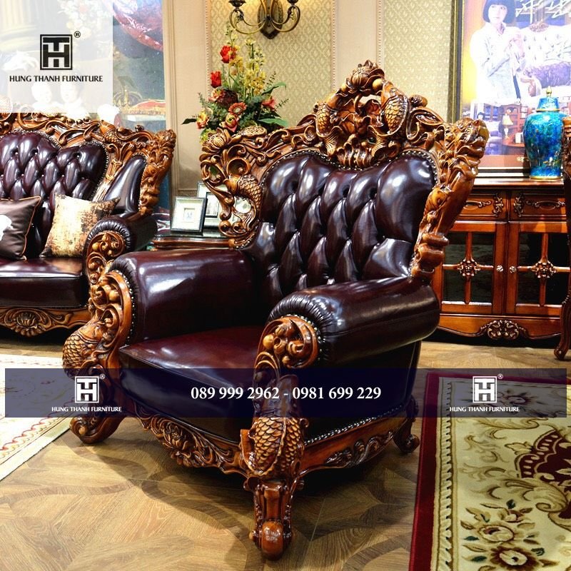 Sofa Tân Cổ Điển _ Cá Chép Vượt Vũ Môn _GỖ QUÝ BỌC DA BÒ CAO CẤP