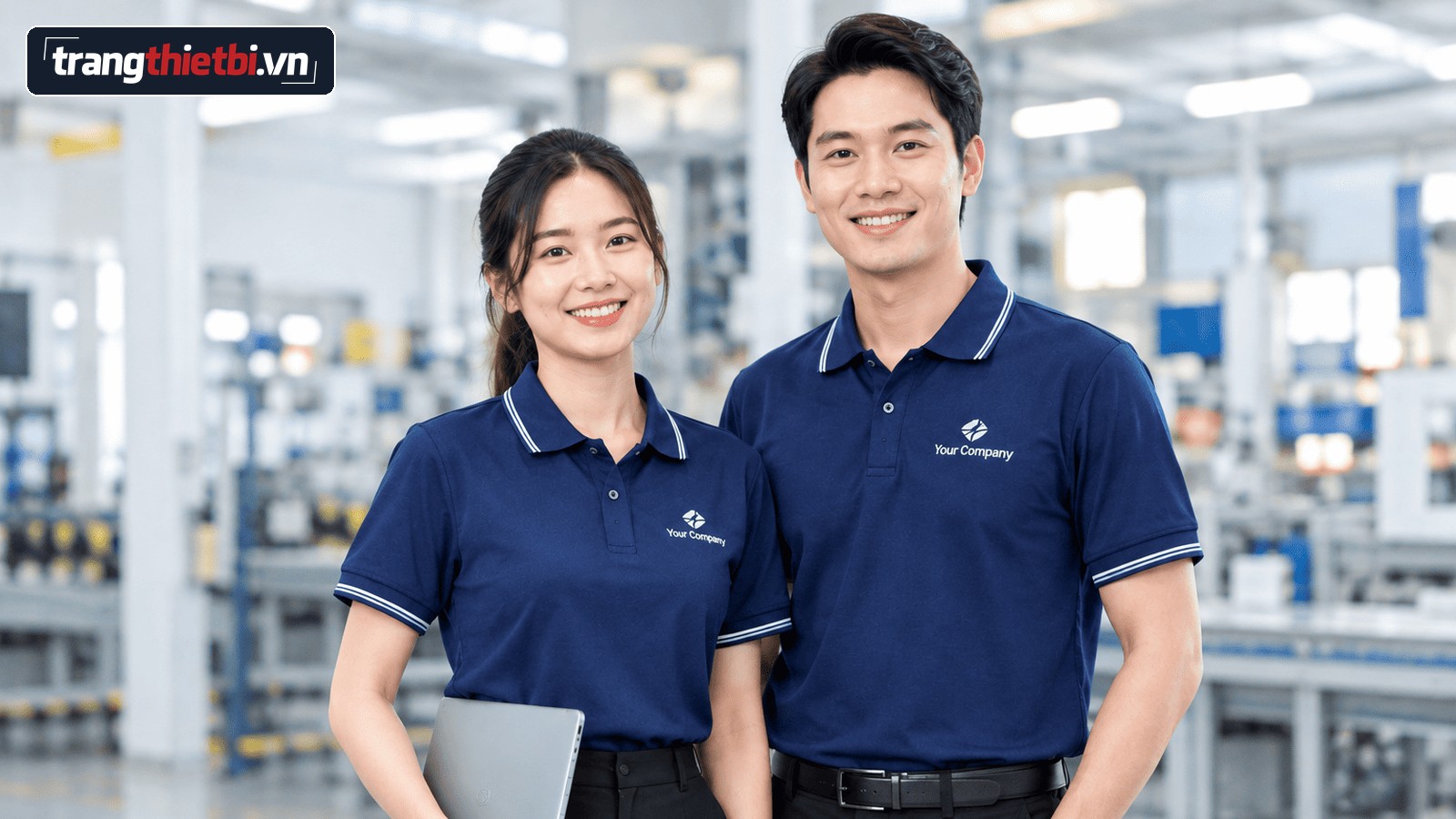 Hai nhân viên trẻ mặc áo thun đồng phục công ty màu xanh đen cao cấp trong nhà máy sản xuất hiện đại