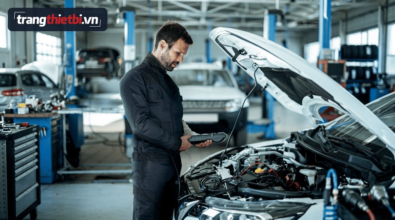 Kỹ thuật viên ô tô mặc bộ quần áo bảo hộ chống tĩnh điện màu xanh đen Delta Plus đang cầm máy đọc lỗi kiểm tra khoang động cơ xe