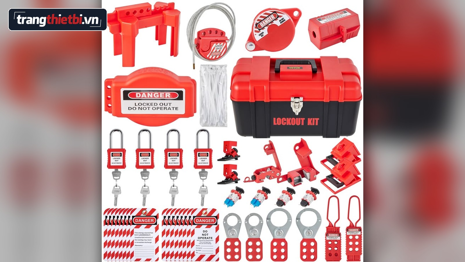 Trọn bộ dụng cụ khóa LOTO Lockout Tagout Kit gồm hộp đựng, ổ khóa, thiết bị khóa van và thẻ cảnh báo nguy hiểm