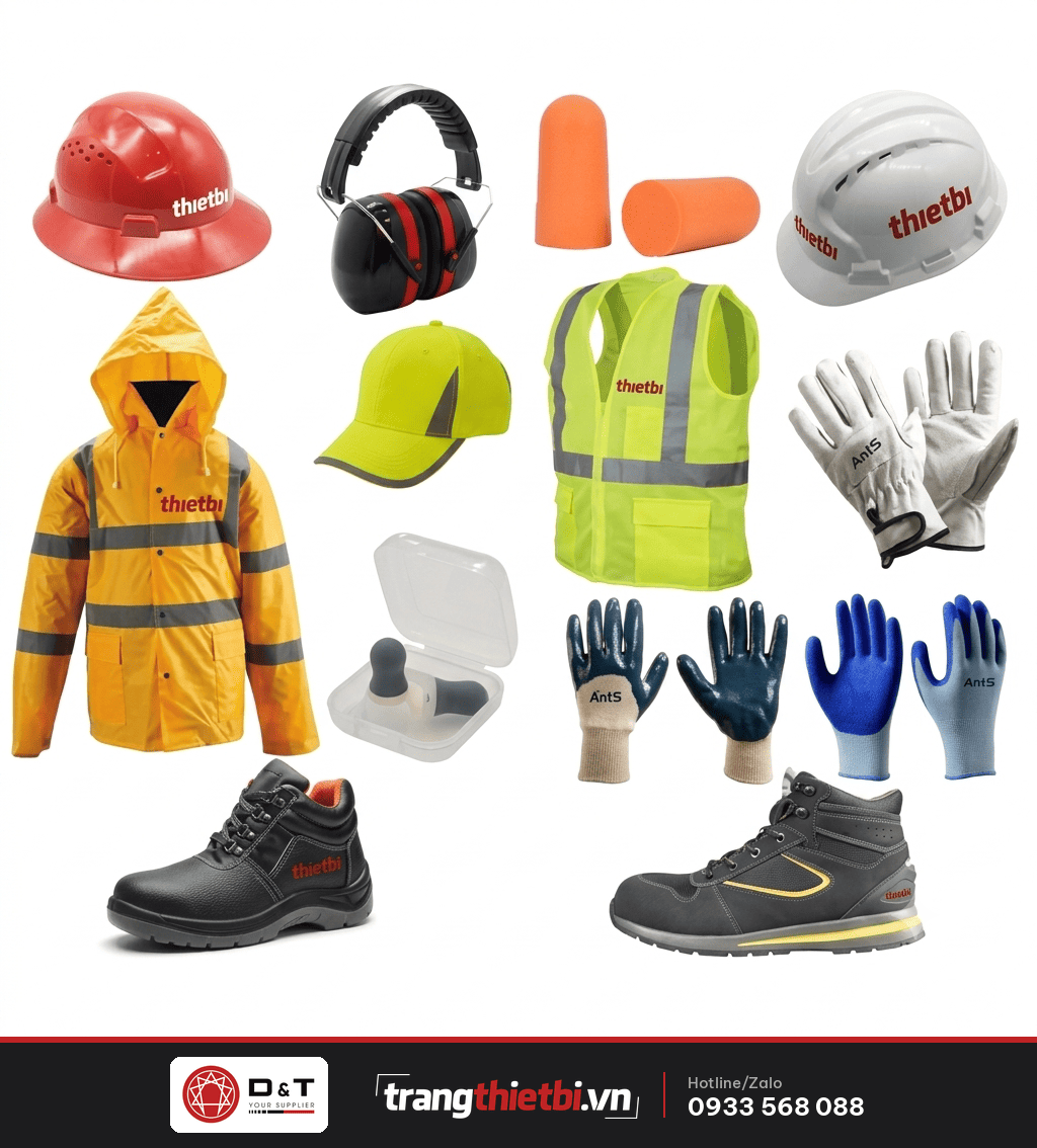 Bộ trang thiết bị bảo hộ lao động D&T gồm mũ bảo hộ áo phản quang nút nhét tai chống ồn găng tay bảo hộ và giày bảo hộ