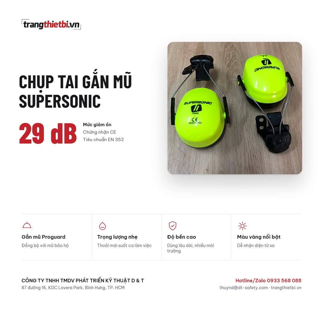Chụp tai gắn mũ bảo hộ Proguard Supersonic màu vàng giảm ồn 29dB tiêu chuẩn CE EN 352