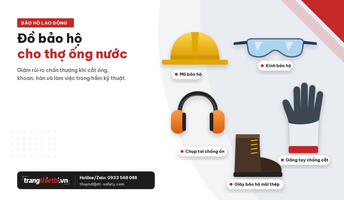 Mũ bảo hộ, kính bảo hộ, chụp tai chống ồn, găng tay chống cắt, giày bảo hộ mũi thép.