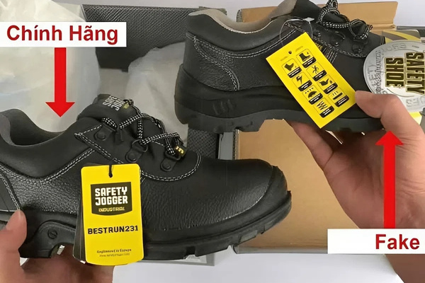 Tag nhận diện giày bảo hộ Safety Jogger chính hãng dày, in tinh tế, logo sắc nét và có mã QR