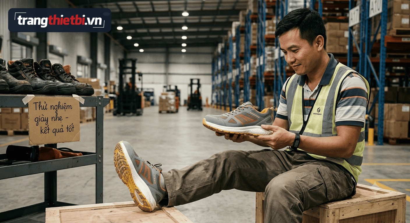 Nhân viên kho vận đang trải nghiệm thử đôi giày bảo hộ lao động siêu nhẹ dáng thể thao màu xám cam trong nhà kho