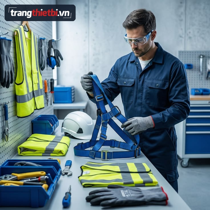 Kỹ thuật viên an toàn kiểm tra dây đai an toàn toàn thân và bảo dưỡng trang thiết bị bảo hộ ppe trước khi sử dụng