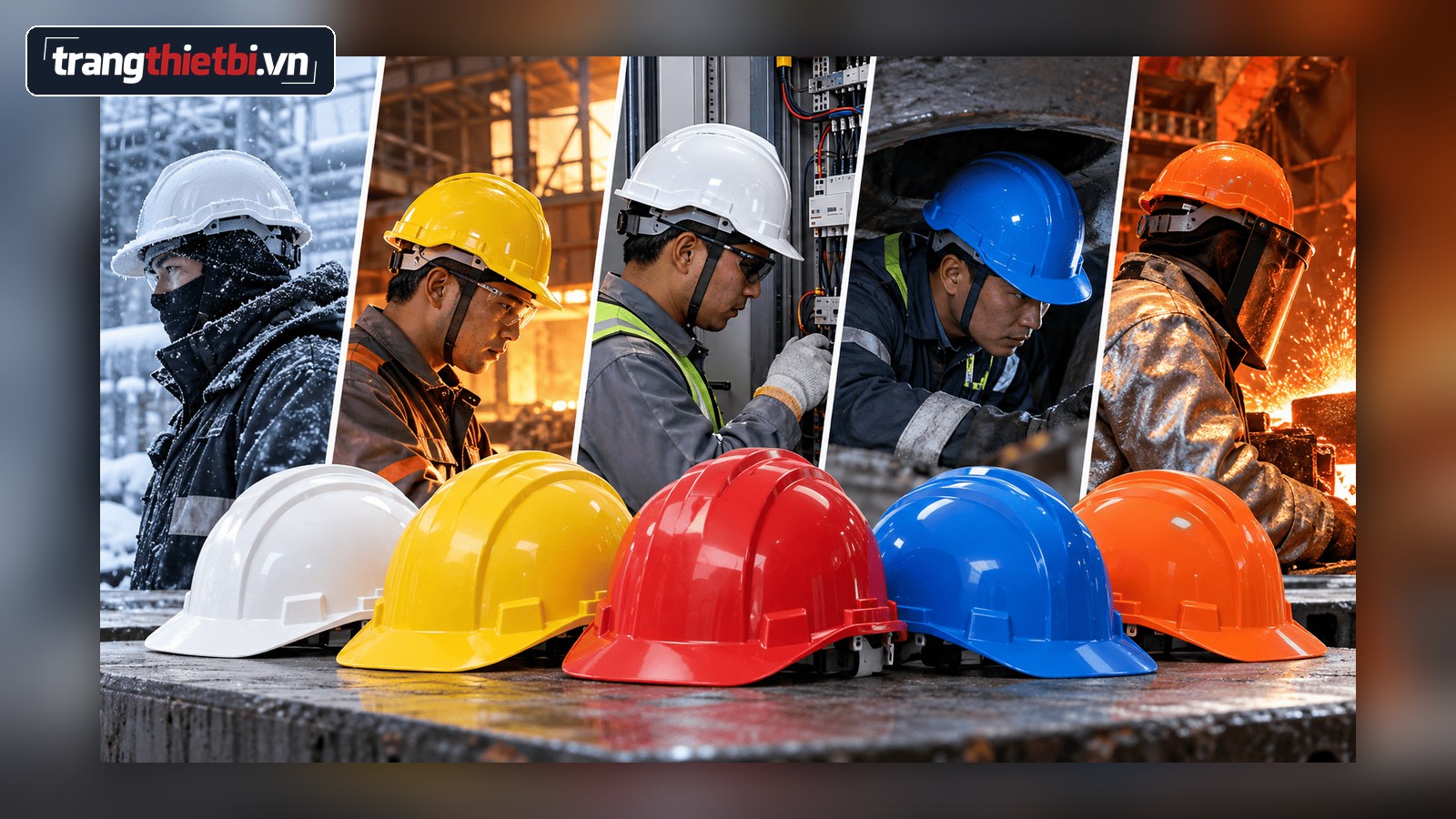 tổng hợp các dòng mũ bảo hộ lao động nhiều màu sắc sử dụng trong môi trường công nghiệp nặng, điện lực và xây dựng