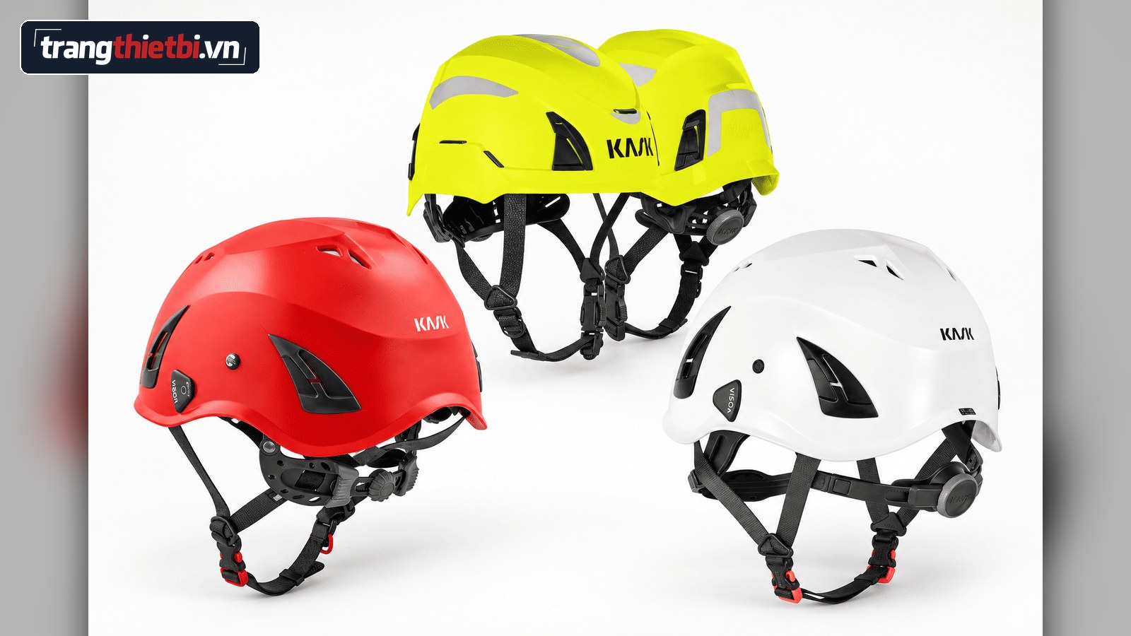 Bộ ba mũ bảo hộ Kask chính hãng chuyên dụng làm việc trên cao gồm 3 màu đỏ, vàng phản quang và trắng