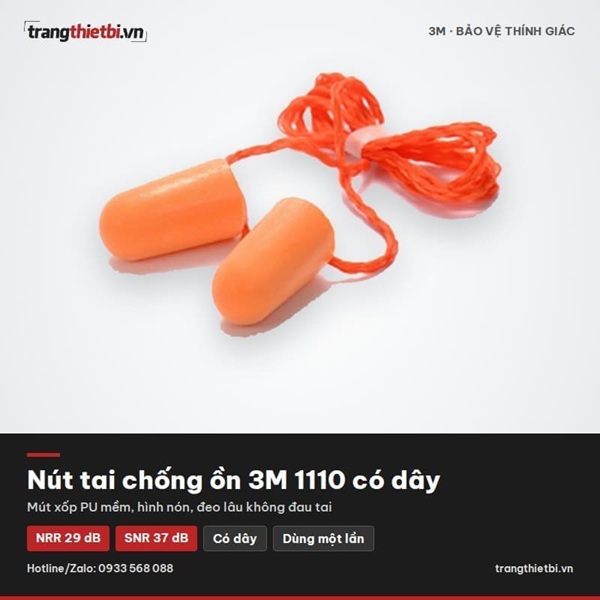 Nút tai chống ồn 3M 1110 có dây mút xốp PU hình nón NRR 29dB SNR 37dB