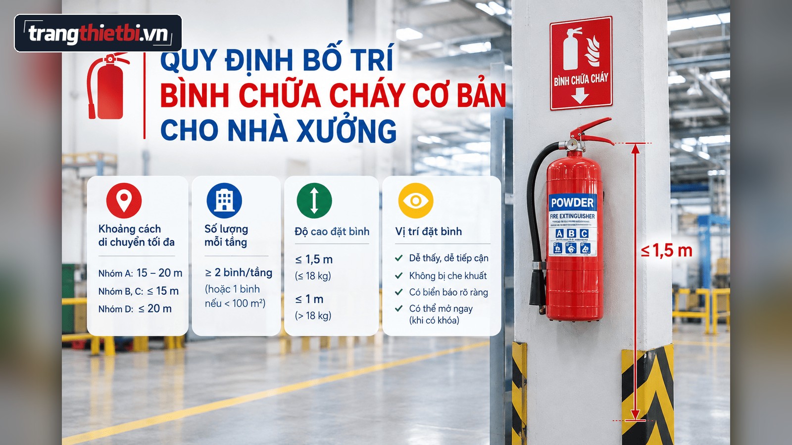 hướng dẫn quy chuẩn khoảng cách, số lượng và độ cao lắp đặt bình chữa cháy an toàn trong nhà xưởng