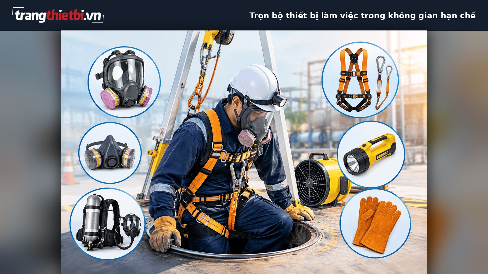 tổng hợp các thiết bị bảo hộ lao động PPE gồm mặt nạ phòng độc, đai chống rơi và dụng cụ hỗ trợ khi làm việc trong không gian hạn chế