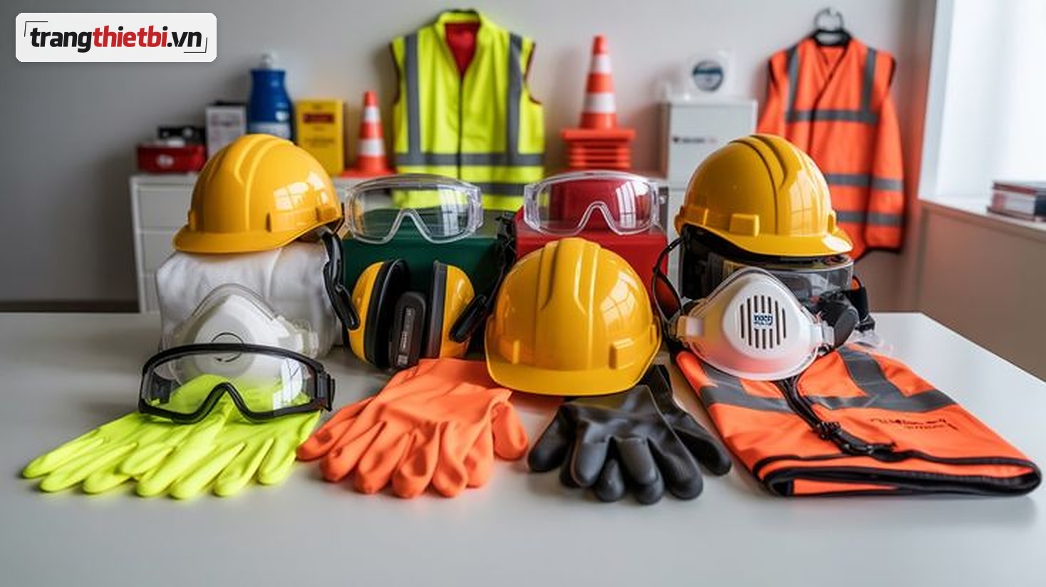 Bộ tổng hợp trang thiết bị bảo hộ lao động cá nhân PPE bao gồm mũ bảo hộ kính bảo hộ găng tay khẩu trang và áo phản quang