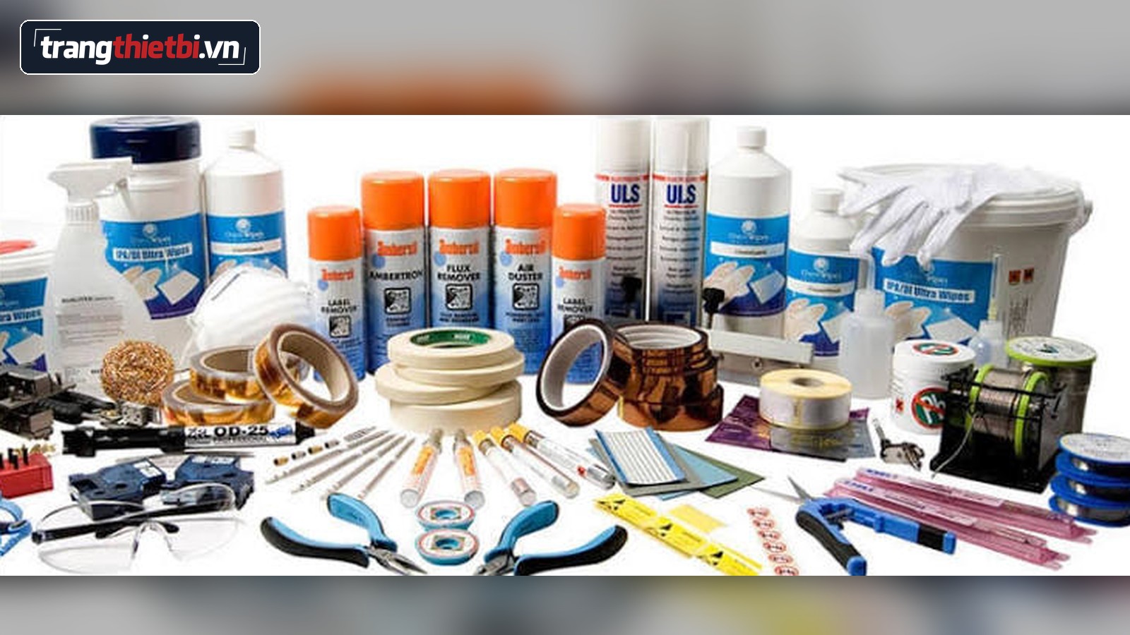 Hình ảnh tổng hợp các loại vật tư MRO, hóa chất tẩy rửa, băng keo chịu nhiệt và dụng cụ cầm tay chuyên dụng phục vụ bảo trì nhà xưởng công nghiệp
