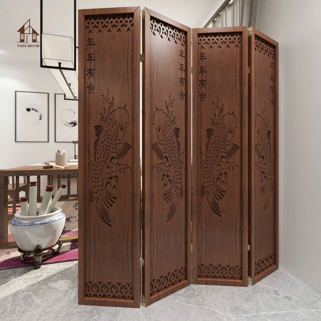 Vách bình phong CNC họa tiết cá chép VBP928 mang biểu tượng phong thủy may mắn và thịnh vượng.